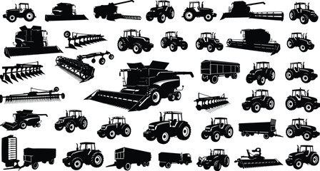 Collection of agricultural machinery silhouettes with tractors and combine harvesters set, farming equipment icons for rural industry, isolated black vector on white