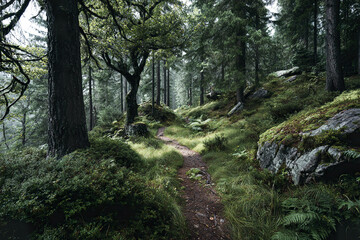Obraz premium Calm woodland scenery with narrow trail winding through dense green vegetation and tall trees, creating peaceful and natural forest atmosphere