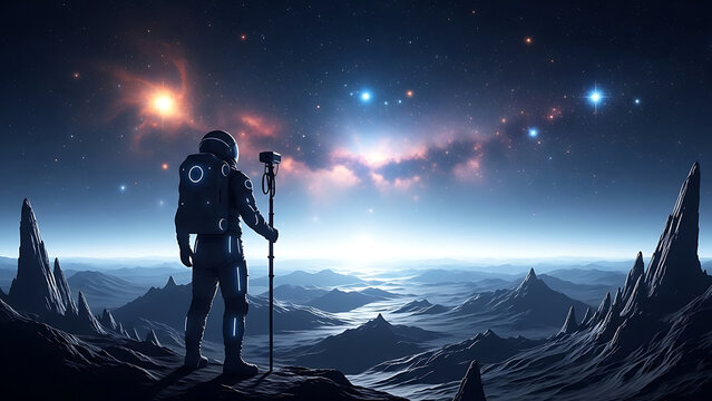 lone astronaut standing on alien planet surface looking at vast mountain landscape and colorful galaxy nebula sky in deep space exploration futuristic adventure discovery journey