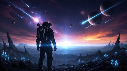 Astronaut observing spectacular meteor shower and distant alien planets over rugged terrain at sunset horizon