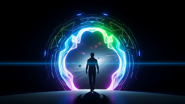 Figure stepping through glowing colorful portal into outer space galaxy suggesting interdimensional travel possibilities