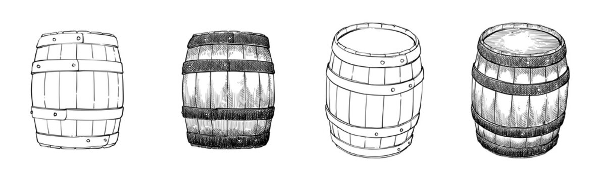 Wood barrel hand drawn sketch with detail line art and shading on it also transparent background 
