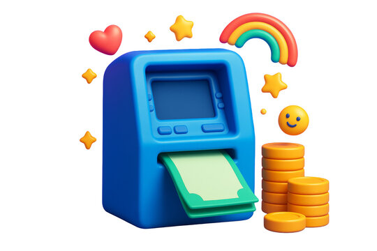 Colorful ATM machine with cash and coin stacks, surrounded by fun emoji-style icons, in playful cartoon style on white background. Ai generative