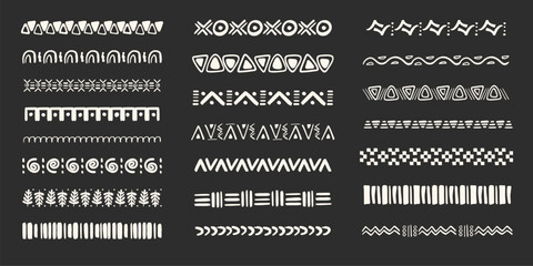 Set african tribal ethnic border, divider doodle hand drawn crayon from geometrical shapes isolated dark background. Boho motif scandinavian srtoke, traditional native decor.