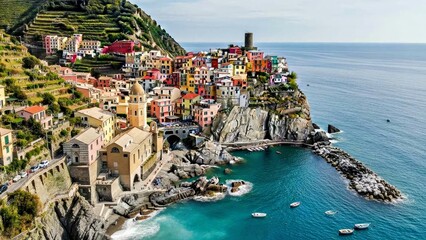 Aerial View of Manarola Coastal Village in Cinque Terre Italy With Colorful Buildings