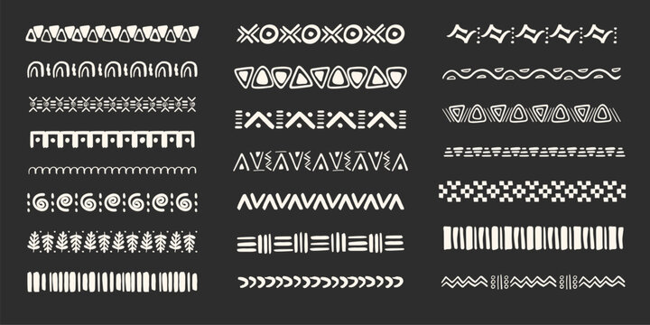 Set african tribal ethnic border, divider doodle hand drawn crayon from geometrical shapes isolated dark background. Boho motif scandinavian srtoke, traditional native decor.