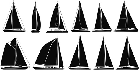 Collection of Ten Different Sailboat and Yacht Silhouettes in Various Side Views, Nautical Vector Illustration Set for Marine Travel and Regatta Events © MdMeherul