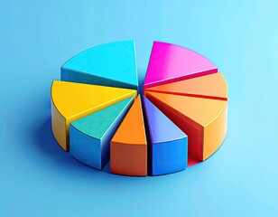 Colorful 3D pie chart graphic with eight segments on blue background