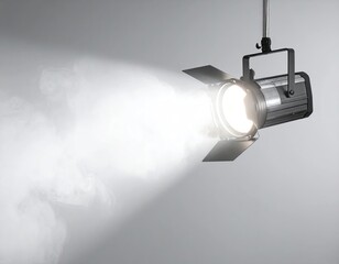 Dramatic overhead spotlight illuminating smoke against a gray background