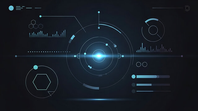 Digital user interface background with futuristic target circles data charts and holographic elements on dark screen for cyber security and high tech information display hud dashboard concept visual - Powered by Adobe