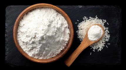 White powder in wooden bowl with rice on black slate background
