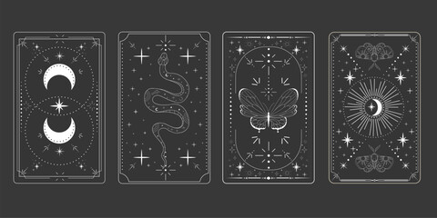 Tarot card frame spiritual esoteric reverse border magic sacred cover card. Mystic elements moon, sun, magic moth, snake fantasy sign. © Alyona