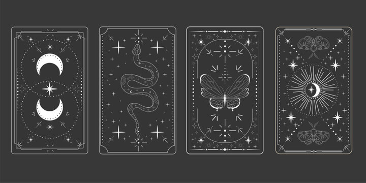 Tarot card frame spiritual esoteric reverse border magic sacred cover card. Mystic elements moon, sun, magic moth, snake fantasy sign.