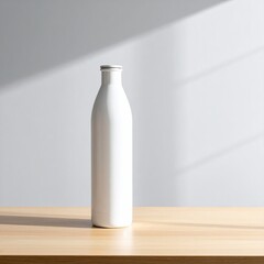 White water bottle on a wooden surface with shadows on the wall