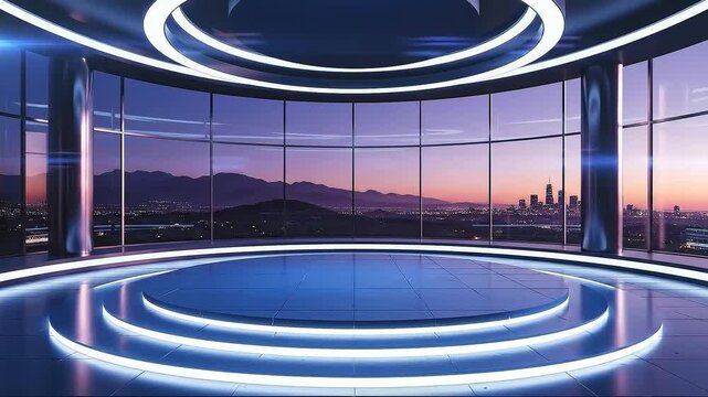 Virtual production set for television broadcast with large glass walls and panoramic view of metropolis skyscrapers