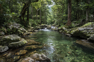 Obraz premium Clear freshwater stream flows through lush tropical forest with mossy rocks and tall trees creating peaceful natural scene full of vibrant green foliage and calm water reflections