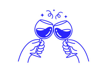 Simple minimal linear vector illustration of cartoon hands holding wine glasses for celebration party invitation banner design