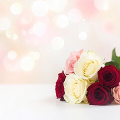 Colorful roses arranged on a white surface with blurred background lights