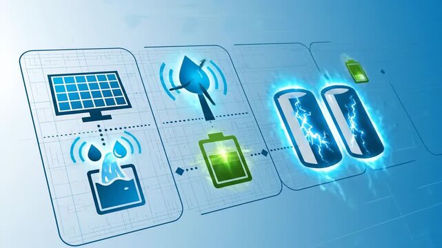 Illustrated Renewable Energy Sources - Solar, Wind, and Battery Power.