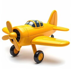 A bright yellow toy airplane with black wheels and a propeller, isolated