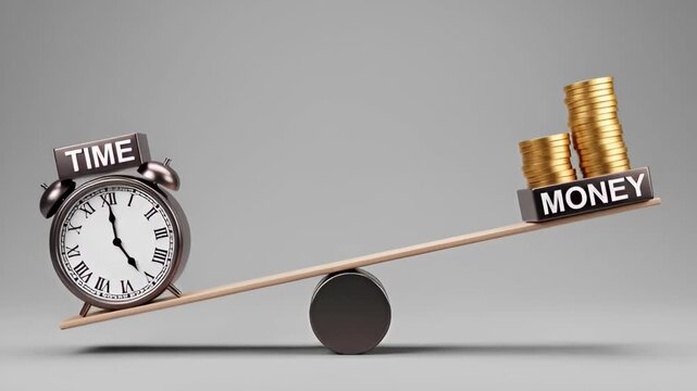 Time and money balance on seesaw with clock and gold coins