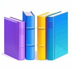 Four brightly colored hardcover books standing upright on a white surface