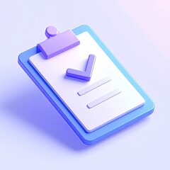 Stylized 3D clipboard with checklist and checkmark, angled on a light surface