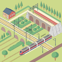 Naklejka premium Modern train crossing a rural bridge