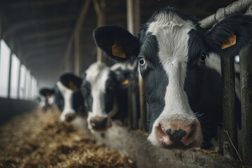 Fototapeta premium Holstein dairy cow close up in barn with other cows in background feeding on straw bedding, showing calm and curious expression in livestock farming environment