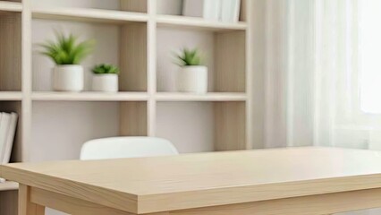 Modern Home Office Setup With Clean Desk Bookshelf and Decorative Indoor Plants