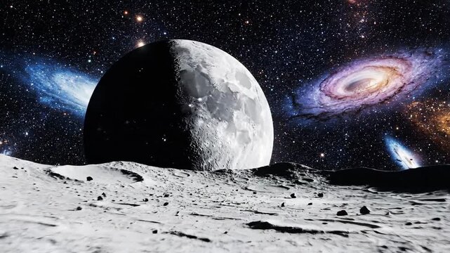 A large moon on a cratered surface in space with galaxies and stars in the background for astronomy or science concept