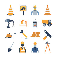 Under Construction Solid Icons.Related equipment, Worker, Cone, Hammer, Wrench, Screwdriver, Drill, Toolbox, Caution, Barrier, Warning, Crane, Excavator, Bulldozer, Brick, Ladder, Blueprint, Rulers, W