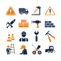 Under Construction Solid Icons.Related equipment, Worker, Cone, Hammer, Wrench, Screwdriver, Drill, Toolbox, Caution, Barrier, Warning, Crane, Excavator, Bulldozer, Brick, Ladder, Blueprint, Rulers, W