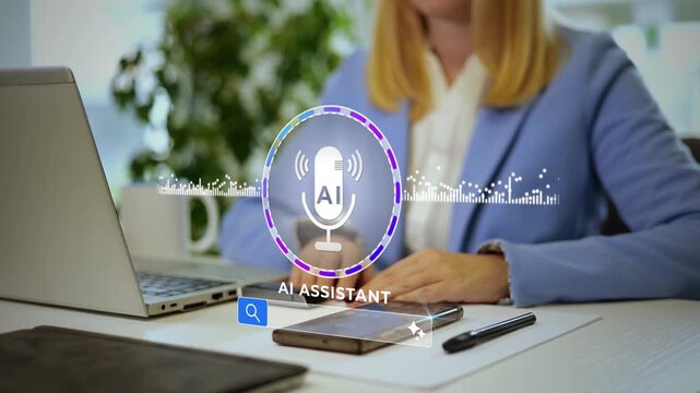 Woman Using AI Assistant With Voice Control. - close up shot