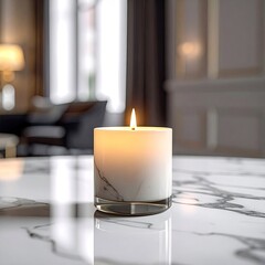 Lit candle on marble table, blurred background of a room