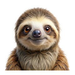 Close-up portrait of an adorable two-toed sloth with a big smile and bright eyes against a black background