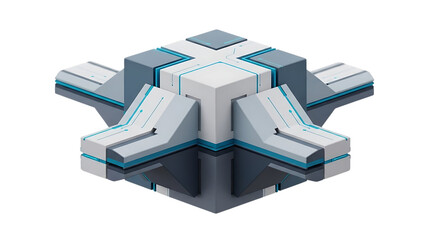 Futuristic 3D geometric cube structure with glowing blue lines, representing data processing or a server core, isolated on transparent background, sleek and modern.