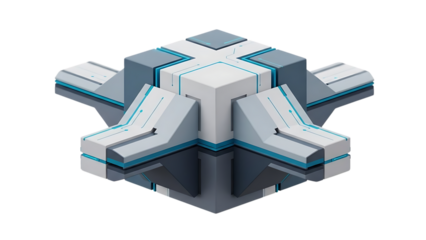 Futuristic 3D geometric cube structure with glowing blue lines, representing data processing or a server core, isolated on transparent background, sleek and modern.