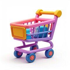 Cartoon shopping cart, brightly colored, with goods inside