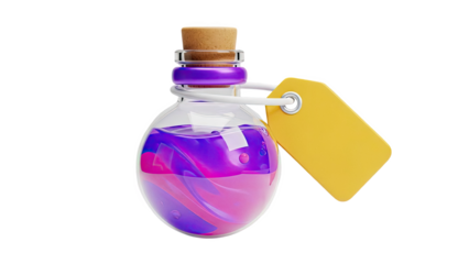 Glass Potion Bottle with Cork, Tag, and Swirling Liquid
