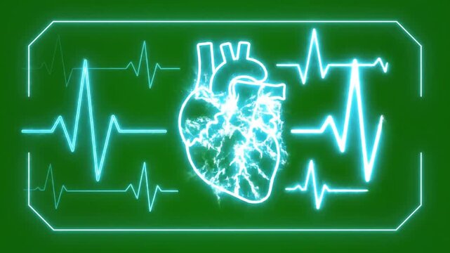 Animated Neon Heart Atrial Fibrillation on Green Background with Heartbeat Trace Line for Medical and Health Purposes