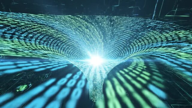 A swirling digital vortex of green and blue binary code converges into a funnel shape on a dark background with circuit-like patterns