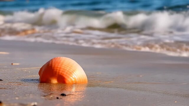 A vibrant orange conch shell half-buried in the wet sand of a serene beach with gentle waves rolling in, suggesting a peaceful coastal scene