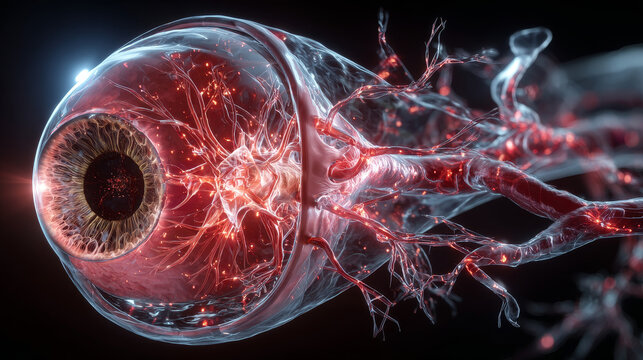 Normal eye retina, 3D illustration showing optic disk, blood vessels, macula and fovea