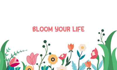 Spring Sale floral backdrop decorated with gorgeous multicolored blooming flowers and leaves border. Spring botanical flat vector illustration, Hello Spring Banner template