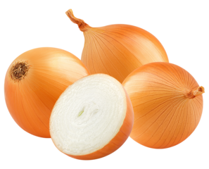 close-up realistic photograph of three whole yellow onions and one half-cut onion, revealing its layered white interior, presented on a clean transparent background for culinary inspiration.