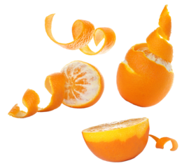 creative composition of peeled oranges and orange zest spirals, isolated on a transparent background, showcasing citrus fruit preparation and freshness.