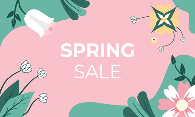 Spring Sale floral backdrop decorated with gorgeous multicolored blooming flowers and leaves border. Spring botanical flat vector illustration, Hello Spring Banner template