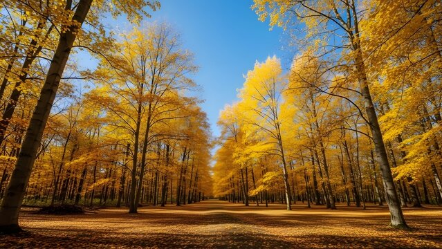 tree lined avenue in forest during peak autumn season with bright yellow leaves and sunlit pathway covered with fallen foliage under clear blue sky - Powered by Adobe