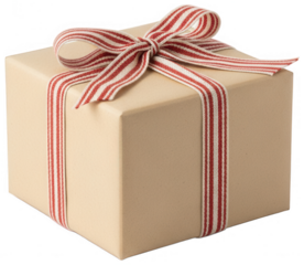 Brown kraft paper gift box with striped ribbon bow on transparent background